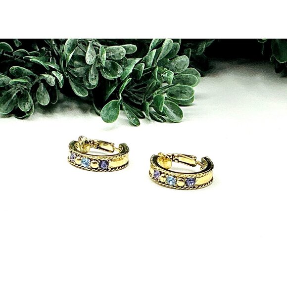 Gold Tone Twisted Rope Design Blue Topaz Hoop Clip on Earrings - Picture 1 of 6